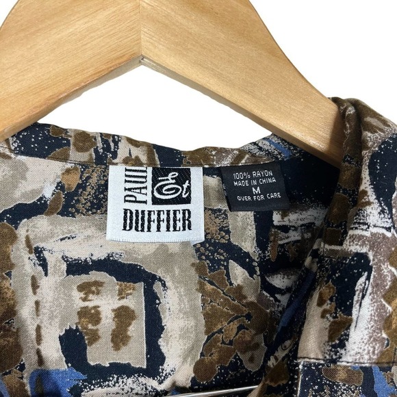 Vintage 80’s Paul at Duffier Button Down Shirt Abstract Print Brown Blue Medium - Picture 11 of 12